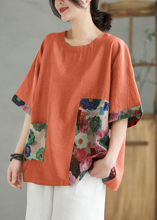 O Neck Women Orange Print Patchwork Linen T-Shirt Top Summer