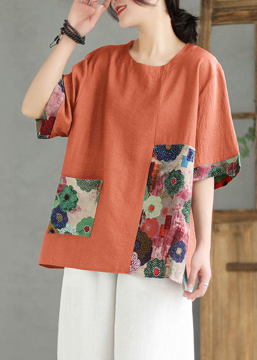 O Neck Women Orange Print Patchwork Linen T-Shirt Top Summer