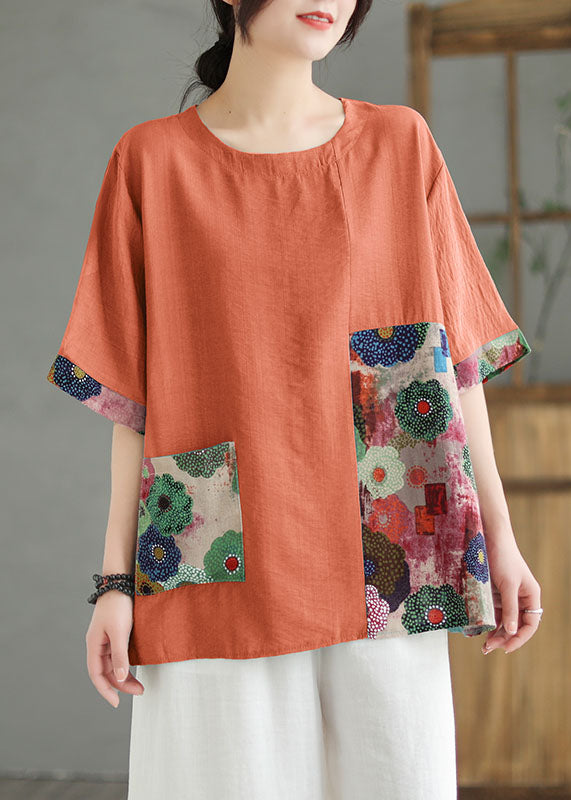 O Neck Women Orange Print Patchwork Linen T-Shirt Top Summer