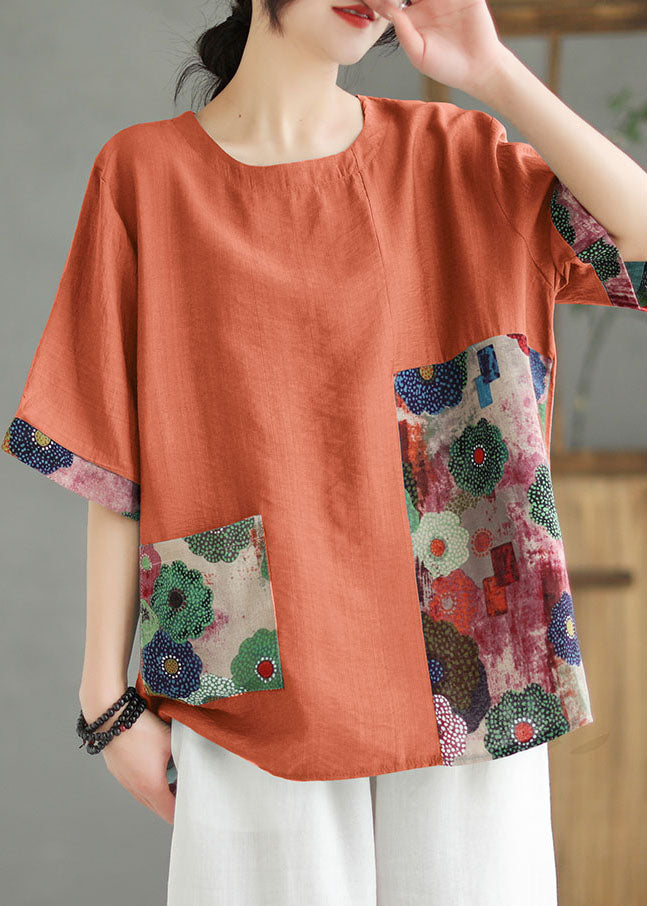 O Neck Women Orange Print Patchwork Linen T-Shirt Top Summer