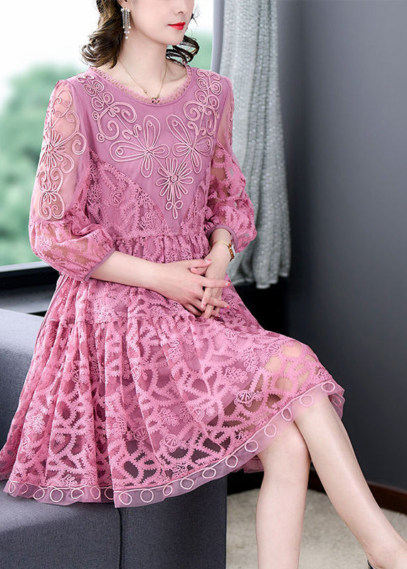 Pink Embroideried Tie Waist Lace Mid Dress Women's Bracelet Sleeves