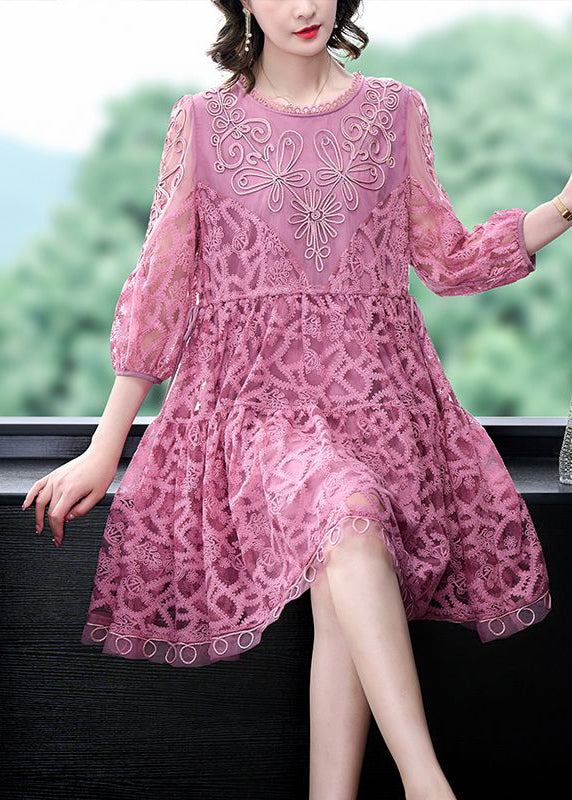 Pink Embroideried Tie Waist Lace Mid Dress Women's Bracelet Sleeves