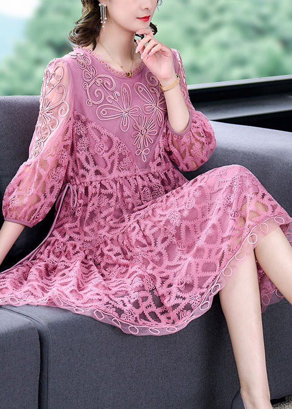 Pink Embroideried Tie Waist Lace Mid Dress Women's Bracelet Sleeves