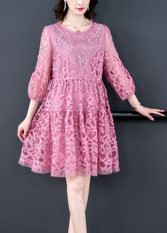 Pink Embroideried Tie Waist Lace Mid Dress Women's Bracelet Sleeves