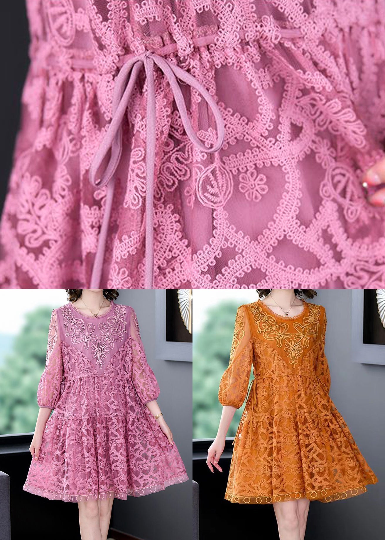 Pink Embroideried Tie Waist Lace Mid Dress Women's Bracelet Sleeves