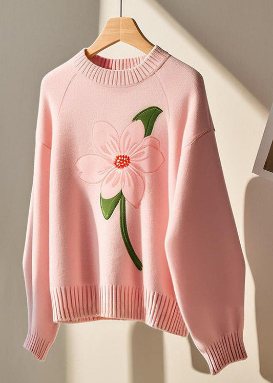 Women Pink O Neck Cozy Knit Sweater Fall