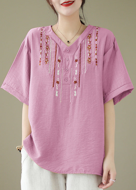 V Neck Pink Embroideried Cotton Blouse Tops Summer