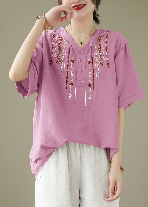 V Neck Pink Embroideried Cotton Blouse Tops Summer