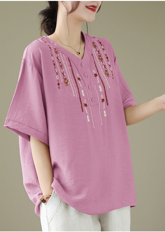 V Neck Pink Embroideried Cotton Blouse Tops Summer