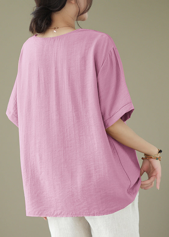 V Neck Pink Embroideried Cotton Blouse Tops Summer