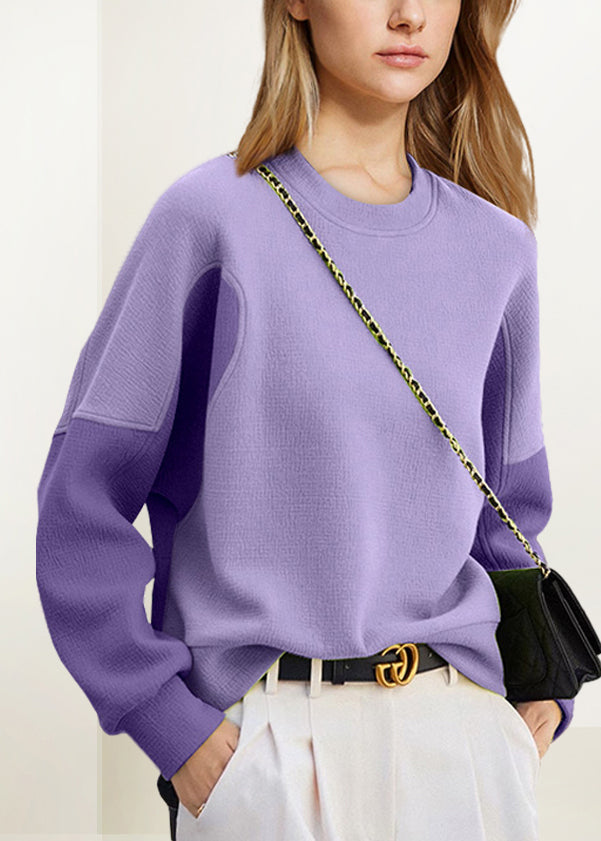 Women Purple O Neck Patchwork Cotton Sweatshirt Fall