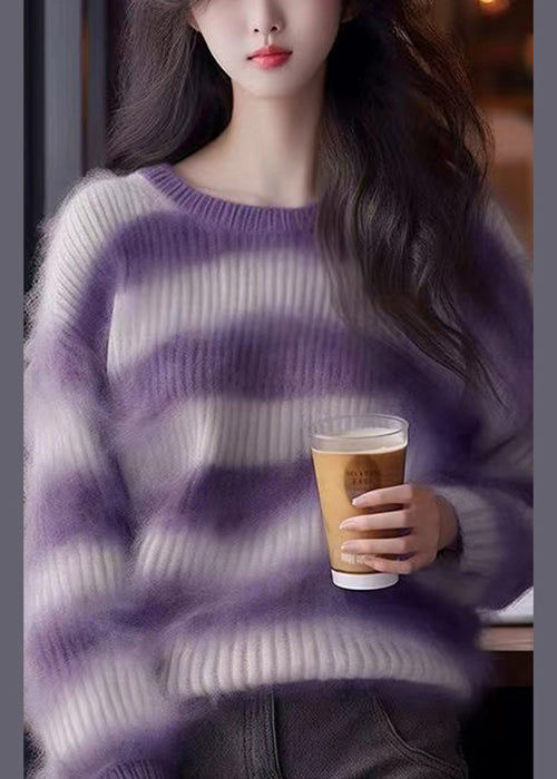 Women Purple O Neck Striped Cozy Knit Sweater Winter