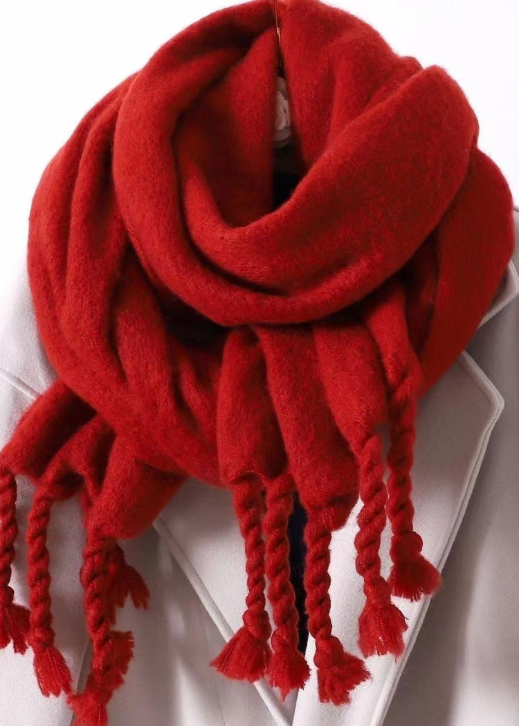 Women Red Tasseled Faux Warm Cashmere Scarf