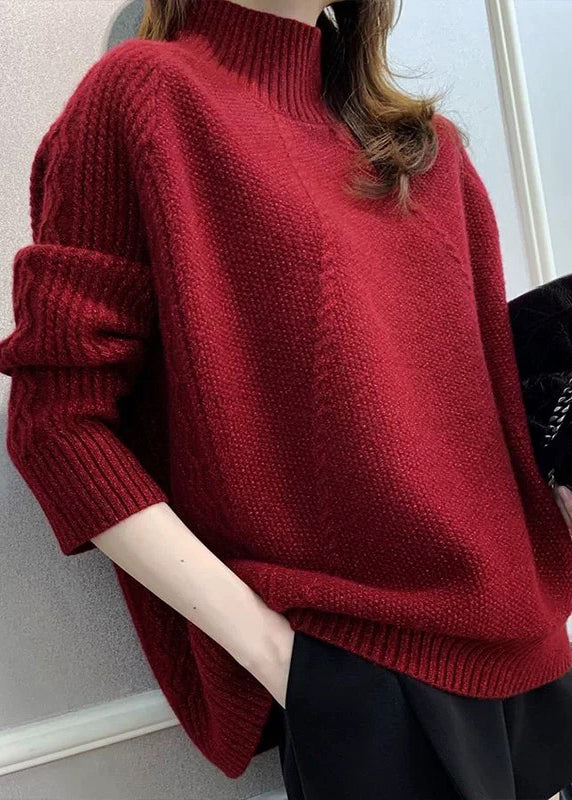 Women Red Turtleneck Cozy Cotton Knit Sweater Fall