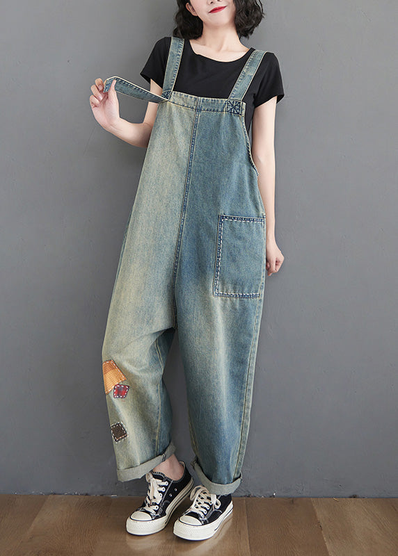 Women Washed Blue Patchwork Comfort Denim Long Jumpsuit