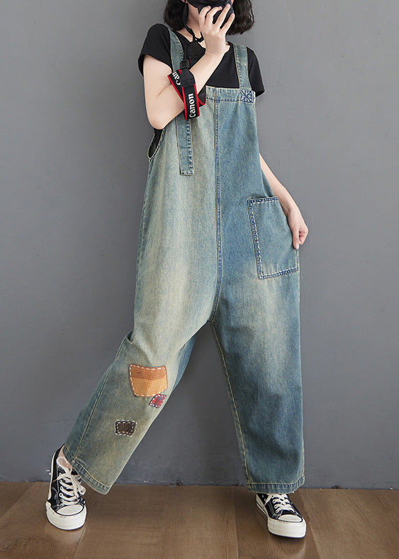 Women Washed Blue Patchwork Comfort Denim Long Jumpsuit