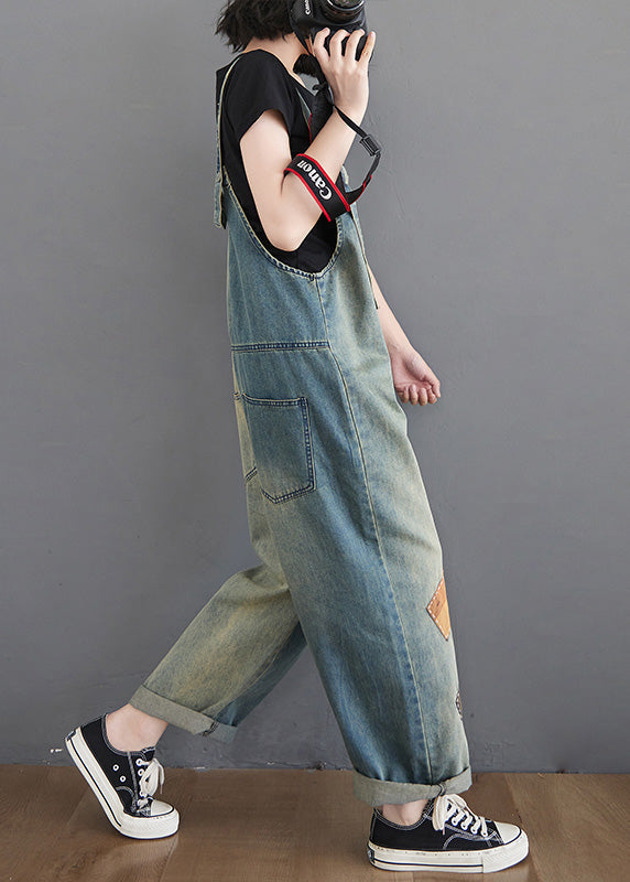 Women Washed Blue Patchwork Comfort Denim Long Jumpsuit