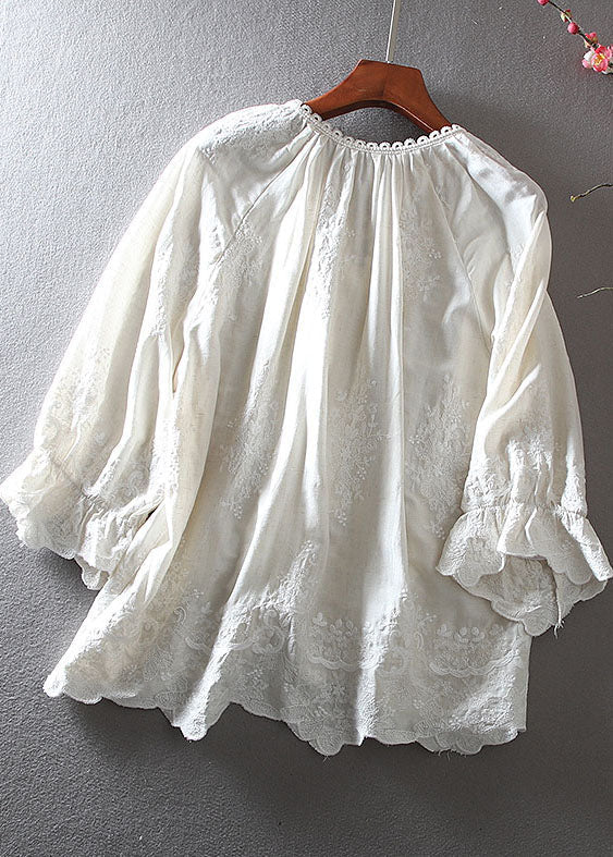 Women White Embroidered Cotton Shirt Tops Spring