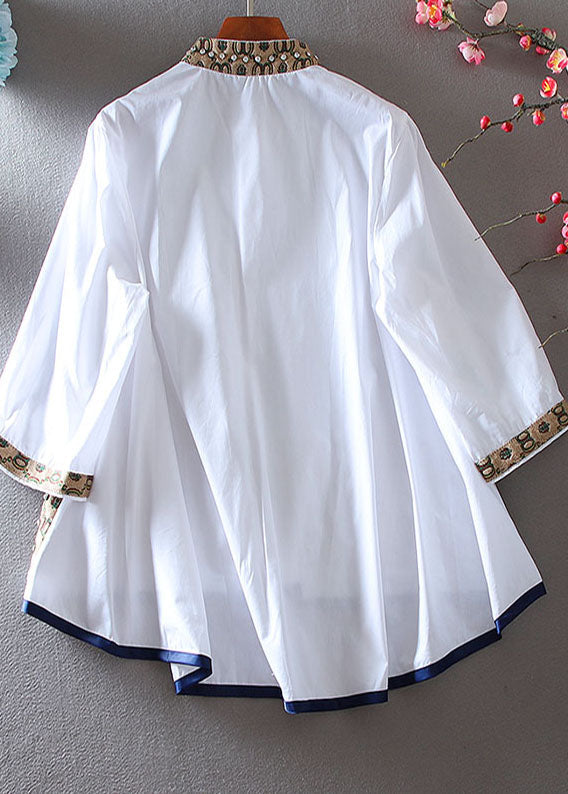 Women White Embroidered Patchwork Zircon A Line Blouse Top Spring