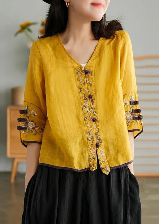 Yellow Casual Linen Cardigan Ladies Embroidered Shirt