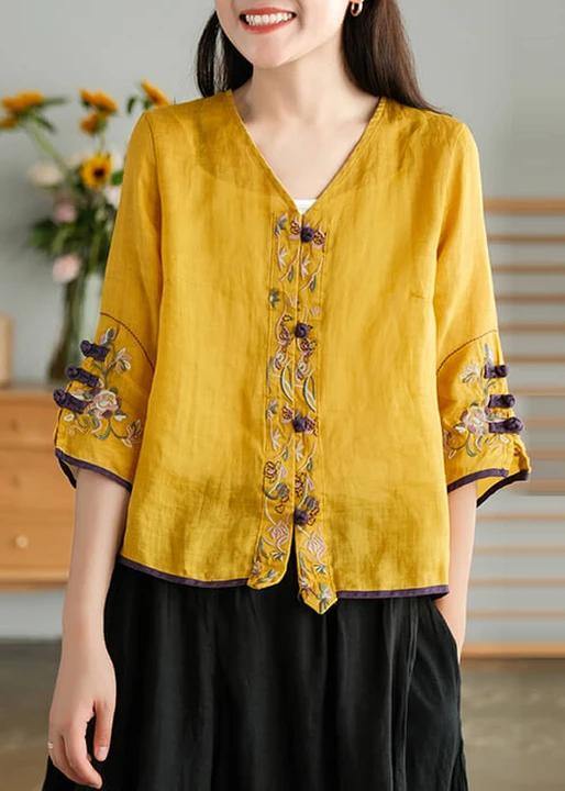 Yellow Casual Linen Cardigan Ladies Embroidered Shirt