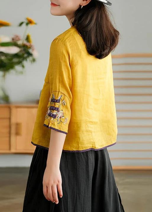 Yellow Casual Linen Cardigan Ladies Embroidered Shirt