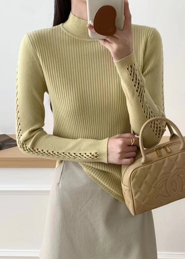 Women Yellow Hollow Out Solid Knit Sweater Fall