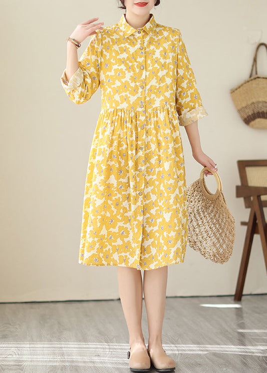 Women Yellow Peter Pan Collar Print Cotton Shirts Dresses Fall