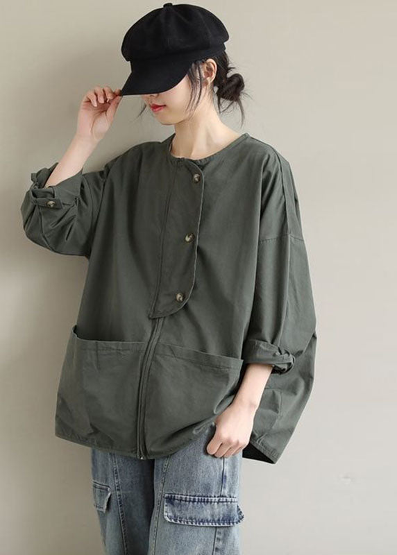 Army Green Zipper Pocket Cotton Women Coat Spring