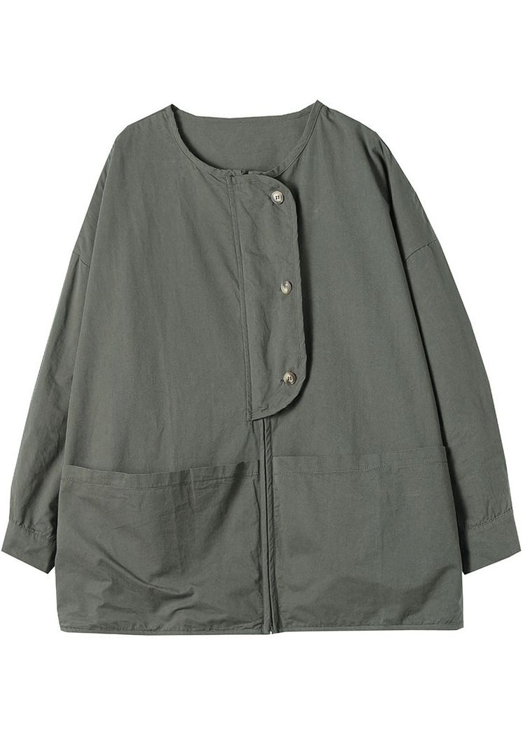 Army Green Zipper Pocket Cotton Women Coat Spring