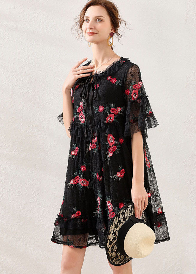 Women Black Embroidered Patchwork Lace Mid Dress Short Sleeve