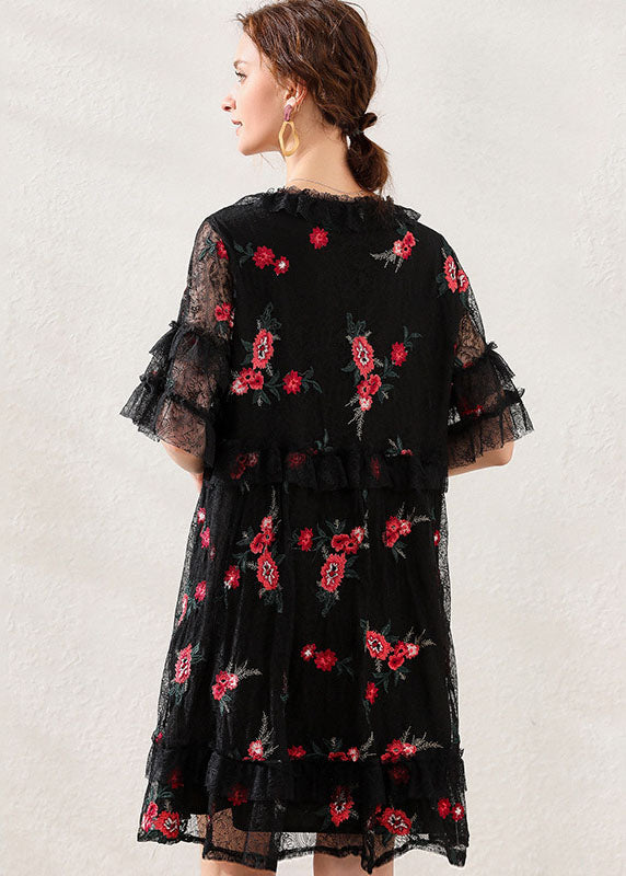 Women Black Embroidered Patchwork Lace Mid Dress Short Sleeve