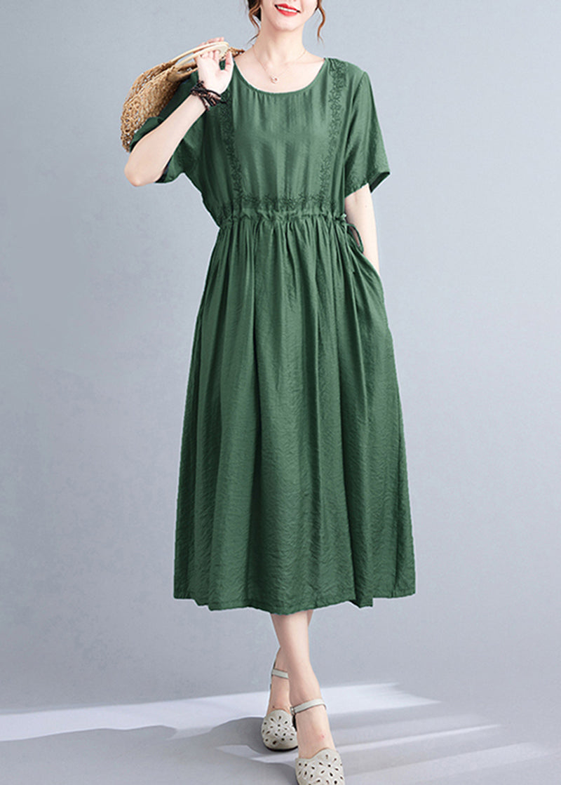 Blackish Green Cinched Embroidered Linen Silk Ladies Summer Dress