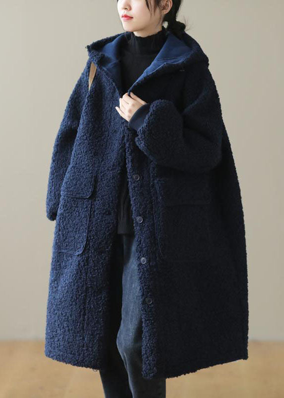 Women Blue Faux Fur Hooded Button Winter Coat