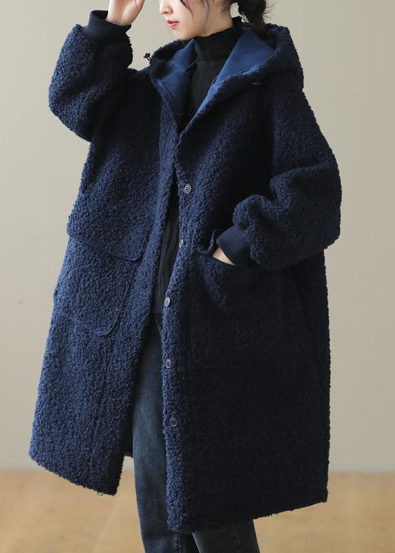 Women Blue Faux Fur Hooded Button Winter Coat