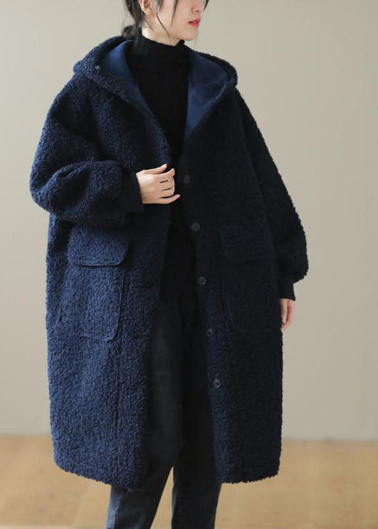 Women Blue Faux Fur Hooded Button Winter Coat