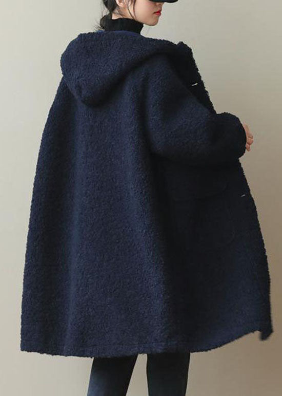 Women Blue Faux Fur Hooded Button Winter Coat