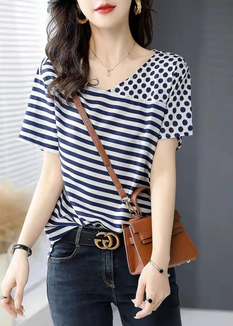 Women Blue O Neck Striped Dot Patchwork Silk Top Summer