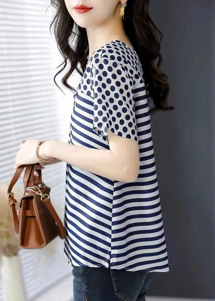 Women Blue O Neck Striped Dot Patchwork Silk Top Summer