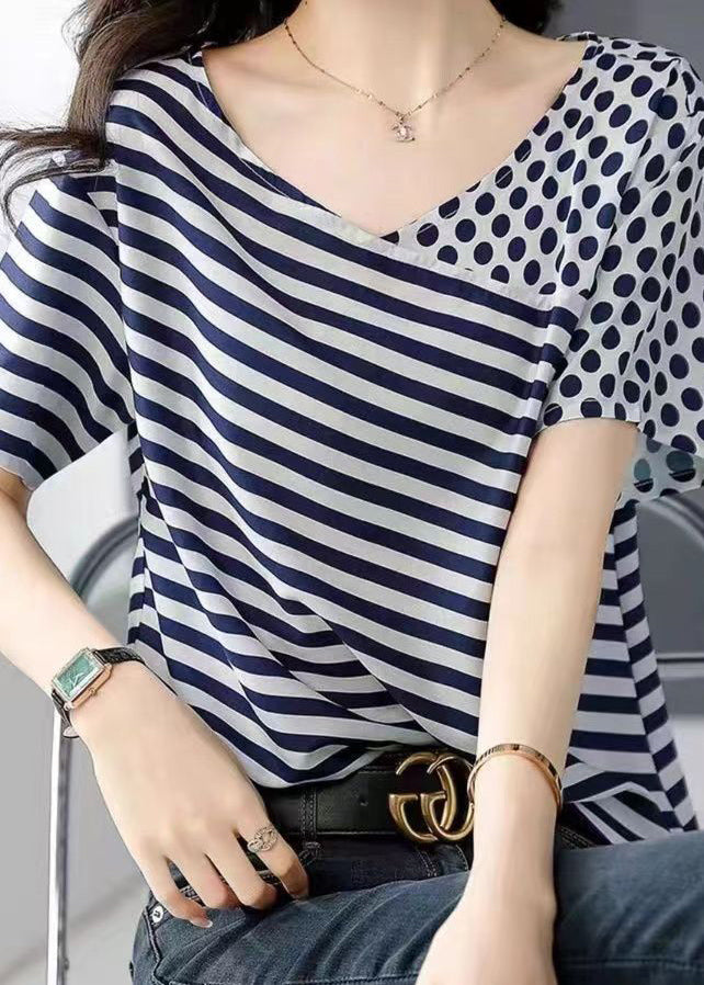 Women Blue O Neck Striped Dot Patchwork Silk Top Summer