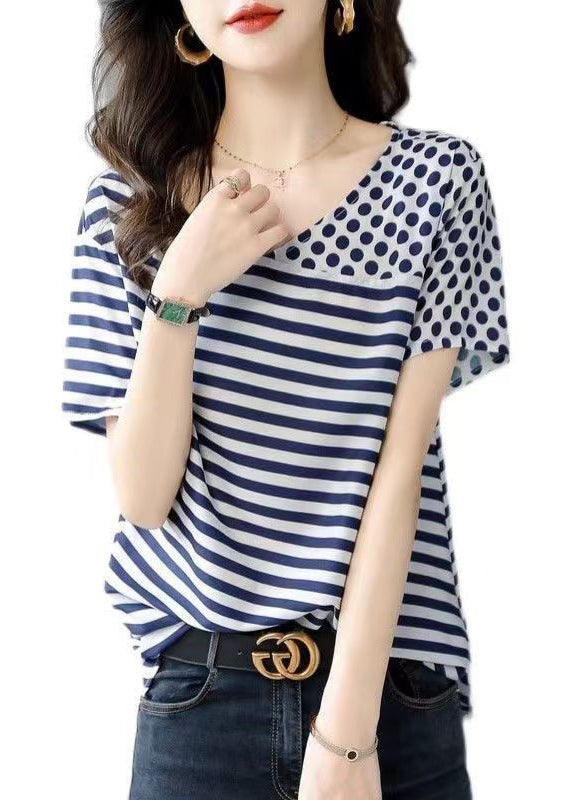 Women Blue O Neck Striped Dot Patchwork Silk Top Summer