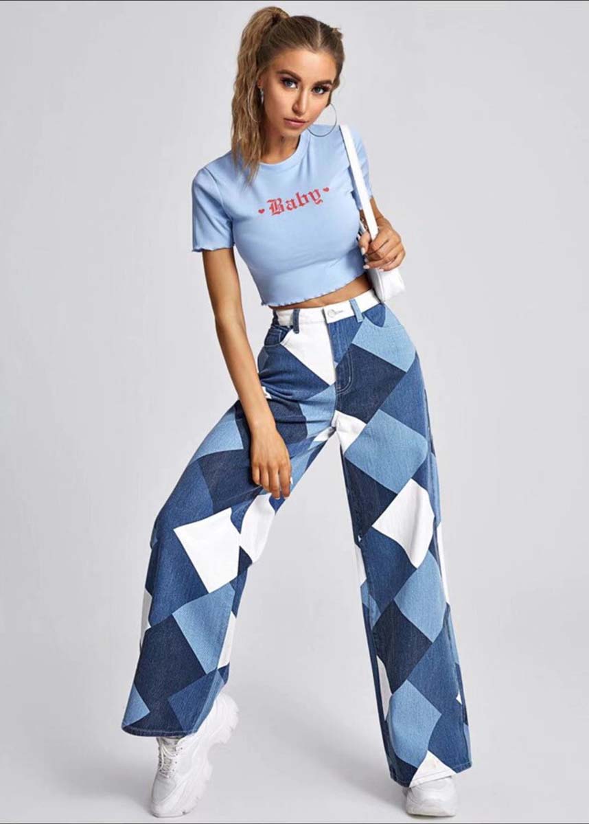 Women's summer blue oversized plaid denim straight-leg pants