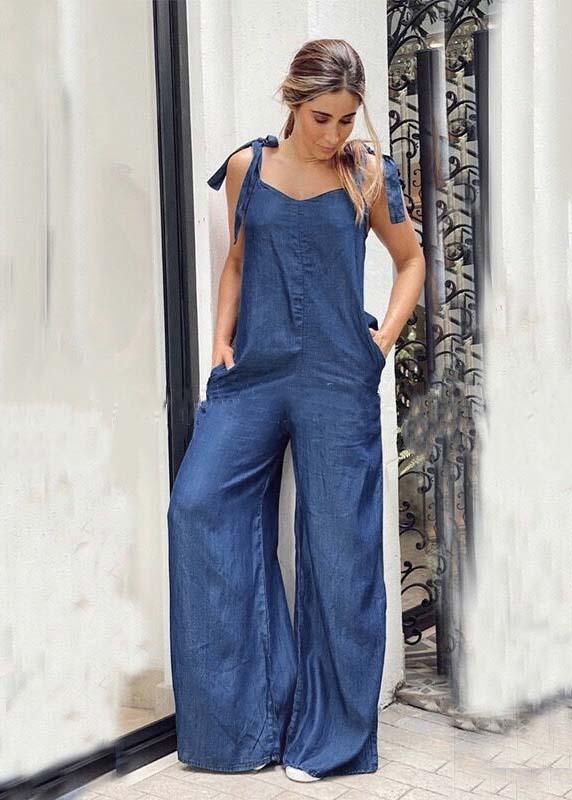 Blue Oversized Pockets Denim Wide Leg Women's  jumpsuit Summer