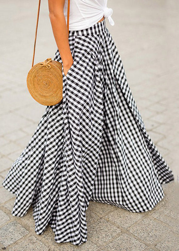 Women Blue Plaid Draping High Waist Maxi Skirt Summer