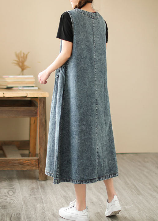 Blue Pocket Patchwork Wrinkled  Denim Dress Summer