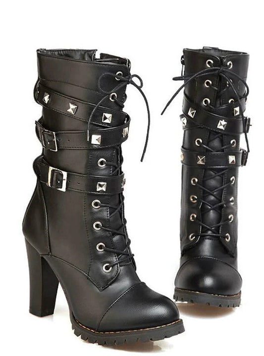 Women Boots High heels Platform Buckle Zipper Rivets