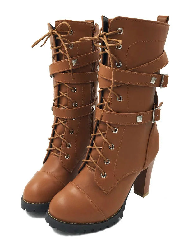 Women Boots High heels Platform Buckle Zipper Rivets