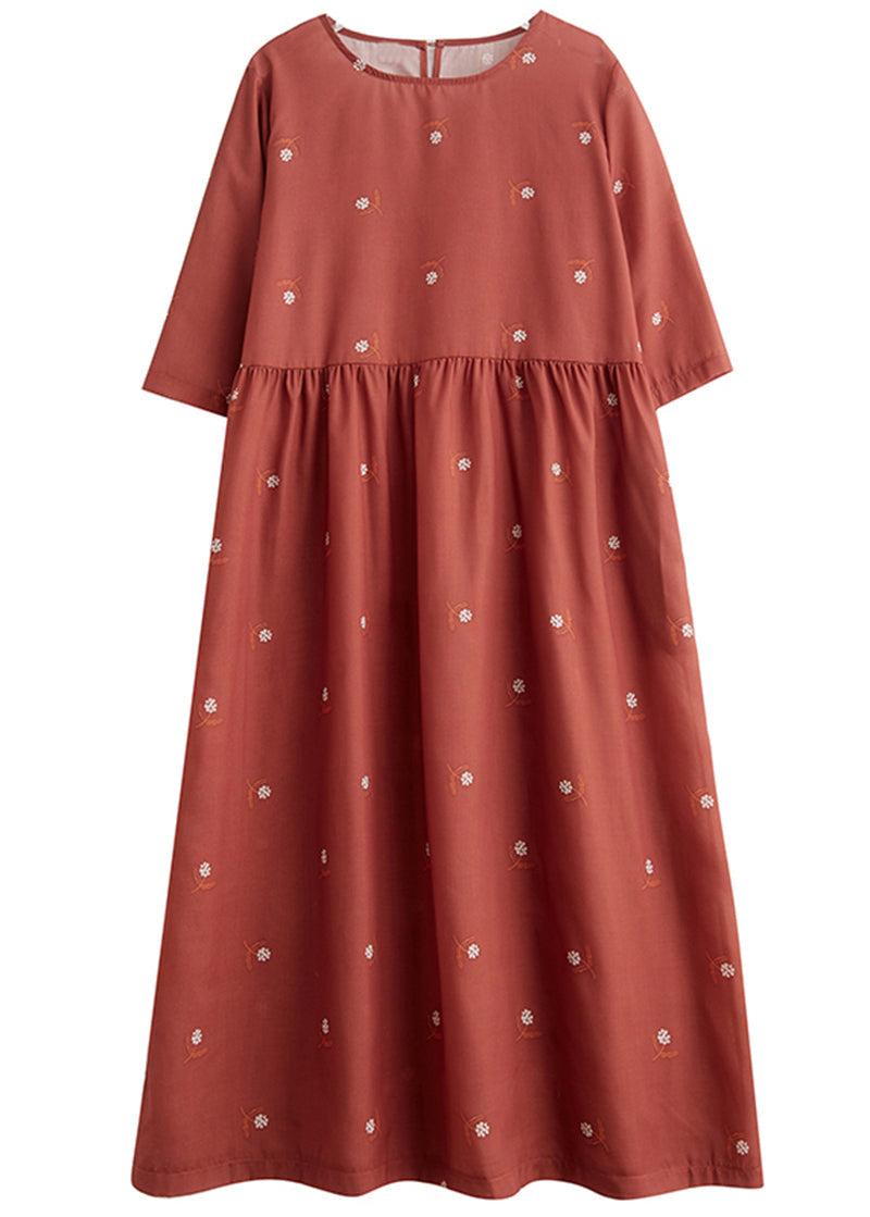 Women Brick Red Printed Cinched Linen Half Sleeve Dress