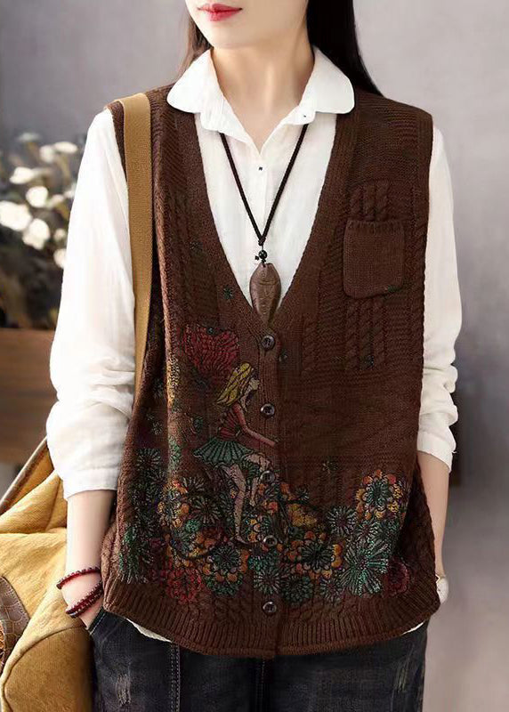 Women Brown V Neck Print Button Cotton Knit Waistcoat Sleeveless