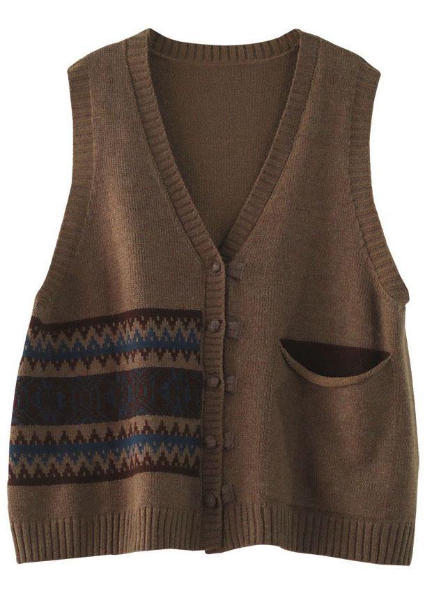 V Neck Chocolate Button Pocket Sleeveless Women Waistcoat